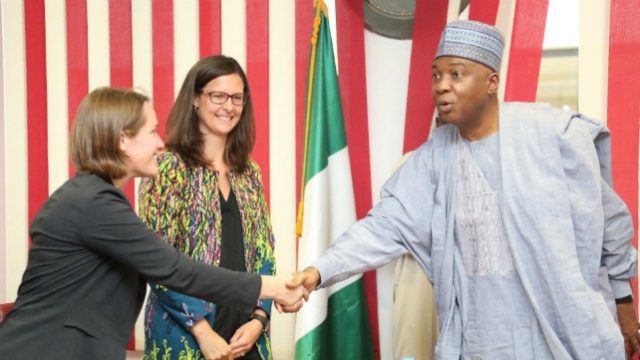 President of the Senate, Dr. Bukola Saraki, in a handshake with the Head, DFID’s Nigeria Office, Debbie Palmer, with them is the Acting British High Commissioner to Nigeria, Harriet Thompson, during the latter’s visit to the National Assembly…on Monday…