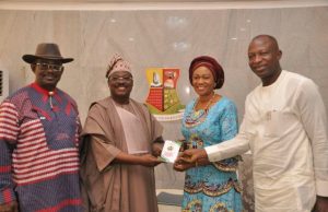 Senate Committee Bemoans Low Budgetary Allocation To Environment Ministry, Agencies L-R: Member, Senate Committee on Environment, Senator Foster Ogola; Oyo State Governor, Senator Abiola Ajimobi; Chairman of the committee, Senator Oluremi Tinubu; and Director-General, Forest Research Institute of Nigeria, Dr. Sola Adepoju, during a visit to the governor as part of the committee's oversight function to the state, at the Governor's Office, Ibadan... on Tuesday