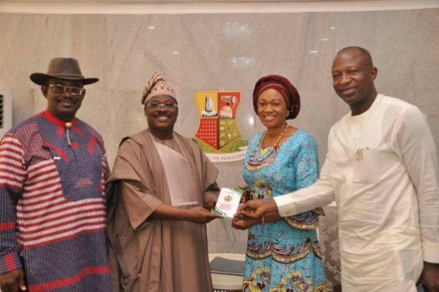 L-R: Member, Senate Committee on Environment, Senator Foster Ogola; Oyo State Governor, Senator Abiola Ajimobi; Chairman of the committee, Senator Oluremi Tinubu; and Director-General, Forest Research Institute of Nigeria, Dr. Sola Adepoju, during a visit to the governor as part of the committee's oversight function to the state, at the Governor's Office, Ibadan... on Tuesday
