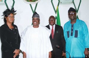 Ajimobi Extols Oyo’s First Female Customary Court Of Appeal President L-R: President, Customary Court of Appeal, Oyo State, Justice Eni Esan; state Governor, Senator Abiola Ajimobi; Chief Judge, Justice Munta Abimbola; and Speaker of the state's House of Assembly, Rt. Hon. Olajunju Ojo, during the inauguration of Esan, at the Governor's Office, Ibadan... on Monday…