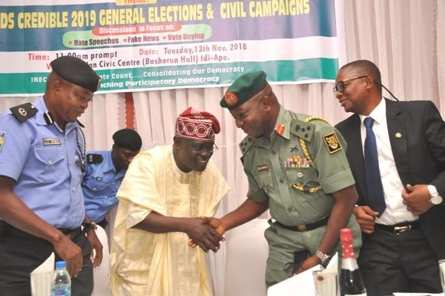 L-R: The representative of Oyo State Commissioner of Police, ACP Joseph Eribo, Resident Electoral Commissioner (REC), Barr Mutiu Agboke, Brig Gen Oluyinka Soyele and the representative of DSS, John Sokoya during the meeting in Ibadan…