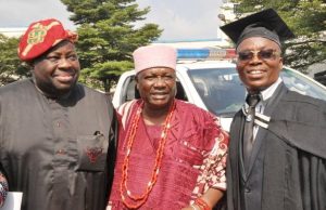 Lead City University Holds Convocation, Produces 41 First Class Graduates L-R: Publisher of Ovation Magazine, Otunba Dele Momodu, Orungun of Oke-Ila, Oba Adedokun Abolarin and Mr Wale Ojo-Lanre at the event…Photo: Dare Alesinloye