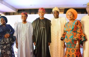 Photo: Osun Hosts Western Nigeria Governors’ Forum Osun State Governor, Ogbeni Rauf Aregbesola (3rd left); Osun Governor Elect, Mr Gboyega Oyetola (2nd left): Osun deputy Governor, Otunba Grace Titi-Laoye Tomori (2nd right); Lagos State deputy governor, Mrs Idiat Oluranti Adebule (left); Oyo State deputy governor, Otunba Moses Adeyemo (3rd right) and Secretary to the State Government of Ekiti, Abiodun Oyebanji, during the meeting…