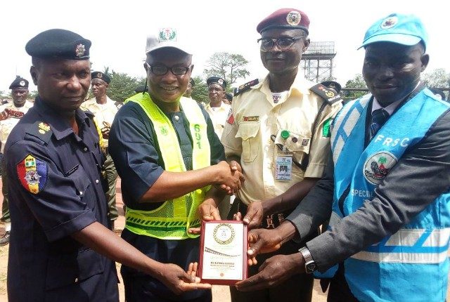 L-R: Kolapo Joseph, Fire Service Oyo State, Parrot Publisher, Olayinka Agboola, Commandant Bamigboye Okanlawon and Olabisi Dennis, Special Marshal RS2, 1 Lagos State during the presentation of the Awards on Saturday, December 1, 2018…