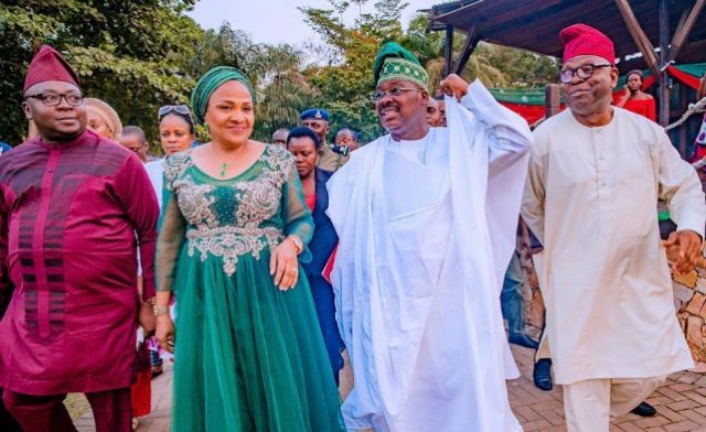 L-R: APC’s gubernatorial candidate in Oyo State, Chief Adebayo Adelabu; wife of the state governor, Mrs. Florence Ajimobi; state Governor, Senator Abiola Ajimobi; and Secretary to State Government, Mr.Olalekan Alli, arriving for the state's 2018 Christmas Carol and thanksgiving service for the governor's 69th birthday, held at Agodi Gardens, Ibadan... on Sunday…