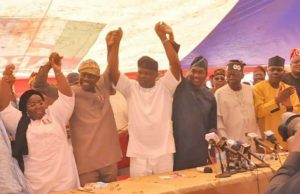 At Last, Ambode Officially Endorses Sanwo-Olu/Hamzat Ticket Governor Akinwunmi Ambode, raises the hands of Babajide Sanwo-Olu and his deputy, Hamzat while Senator Bola Tinubu and others look on...