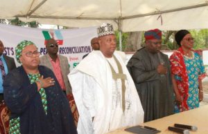APC Peace Committee To Aggrieved Members: Emulate Ajimobi’s Example L-R: Member, All Progressives Congress (APC) Southwest National Reconciliation Committee, Mrs Saida Sa'ad Bugaje; Committee Chairman/Bornu State Governor, Alhaji Kashim Shettima; Lagos State Governor, Mr Akinwumi Ambode; and a former Deputy Governor of Ekiti State, Prof. Modupe Adelabu, during the committee's meeting with aggrieved party members, at the Government House, Ibadan...