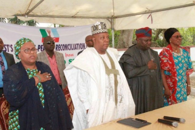 L-R: Member, All Progressives Congress (APC) Southwest National Reconciliation Committee, Mrs Saida Sa'ad Bugaje; Committee Chairman/Bornu State Governor, Alhaji Kashim Shettima; Lagos State Governor, Mr Akinwumi Ambode; and a former Deputy Governor of Ekiti State, Prof. Modupe Adelabu, during the committee's meeting with aggrieved party members, at the Government House, Ibadan...