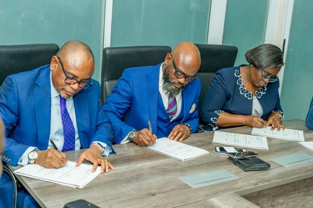Managing Director FBNQuest Trustees, Mr. Adekunle Awojobi, Lead Partner Desarrollar Group, Mr. Ikemefuna Mordi and Managing Director/CE UTL Trust Management services Mrs Olufunke Aiyepola at the official all Parties signing ceremony between Desarrollar group, a leading Lifestyle and real Estate solutions company and its partners in Lagos recently
