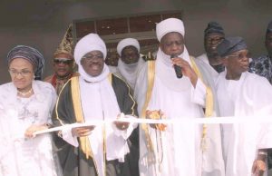 Ajimobi Becomes Bashorun Musulumi Of Oyo State, To Present Home Owners Charter C of O On Monday L-R: Wife of Oyo State Governor, Mrs. Florence Ajimobi; the Governor, Senator Abiola Ajimobi, Sultan of Sokoto, Alhaji Sa'ad Abubakar; and President, Muslim Ummah of Southwest, Dr. , during the inauguration of Ishaq Abiola Ajimobi Central Mosque in Oke Ado, Ibadan, built by the governor and his turbaning as Bashorun Musulumi of the state, as part of activities marking his 69th birthday, in Ibadan... on Sunday