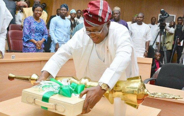 Mr Gboyega Oyetola, the governor of Osun State...presenting the budget 'package'...