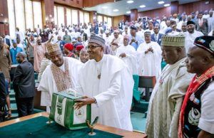 NASS Hosts Buhari As He Presents N8.83trn Budget For 2019 President Muhammadu Buhari, middle, with the budget in the National Assembly on Wednesday...