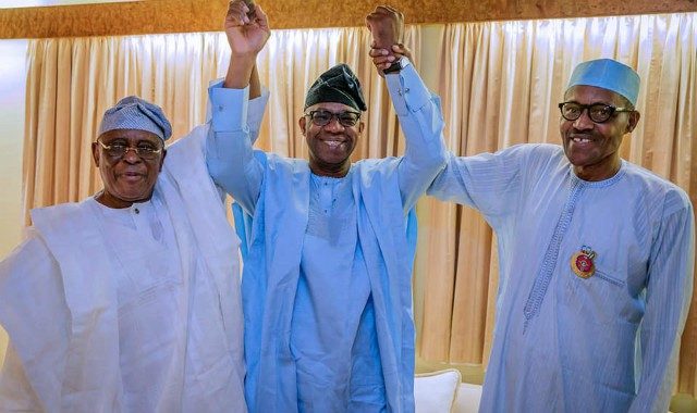 L-R: Aremo Olusegun Osoba, Dapo Abiodun and President Muhammadu Buhari...