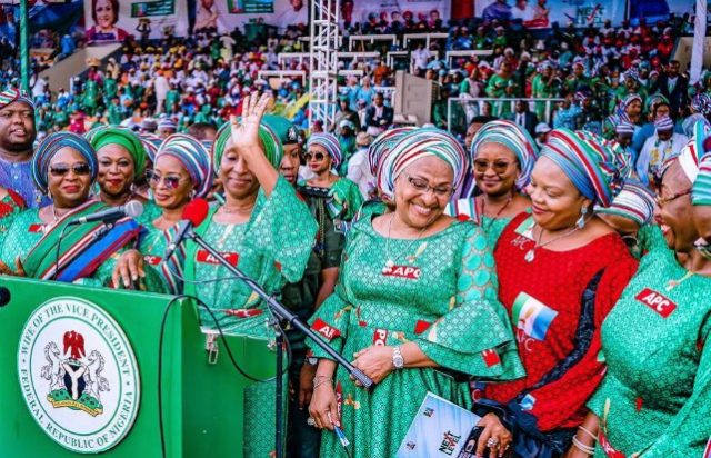 L-R: All Progressives Congress National Woman Leader, Hajia Salamatu Baiwa; Wife of Ogun State Governor, Mrs Olufunso Amosun; Wife of the Vice President, Mrs Dolapo Osinbajo; Wife of Oyo State Governor, Mrs Florence Ajimobi; Wife of Imo State Governor, Mrs Nkechi Okorocha; and Wife of Ekiti State Governor, Erelu Bisi Fayemi, at the APC Southwest Women and Youth rally to drum support for the reelection of President Muhammadu Buhari, held at the Adamasingba Sports Complex, Ibadan... on Saturday…