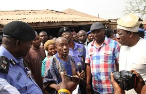 Ibadan Mayhem: Ajimobi Fumes, Wants Perpetrators Fished Out The Oyo State Deputy Governor, Otunba Moses Alake Adeyemo (right), the Majority Leader of the Oyo State House of Assembly, Hon. Kehinde Subair (second right), the Mogaji Elebu, Chief Abdulai Elebu (second left) and the Oyo State Commissioner of Police, Mr. Abiodun Odude (left) during the on-the-spot inspection to Asaka area Ibadan, one of the venues of the mayhem in the state