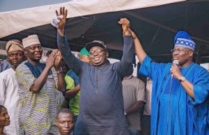 Photo: Ajimobi, Adelabu Storm Ibadan South West LG APC Meeting Oyo APC's guber candidate, Chief Adebayo Adelabu...being presented to the people by the leader of the party in Oyo State, Senator Abiola Ajimobi, right...