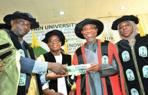 Photo: Aregbesola Bags Honourary Doctorate Degree From Fountain University L-R: Vice-Chancellor, Fountain University, Prof. Amidu Olalekan Danni; Governor Gboyega Oyetola; former governor Rauf Aregbesola and the registrar and secretary to governing council of the Fountain University, Mrs Kikelomo Wasilah Sallee, during the event…