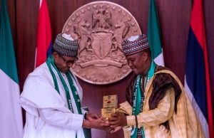 We Are Serious About Finding Lasting Solutions To Farmers/Herders’ Clashes President Buhari receives a presentation from MACBAN National President Alhaji Muhammadu Kiruwa as he receives in audience Leadership of Miyetti Allah Cattle Breeders Association of Nigeria (MACBAN)
