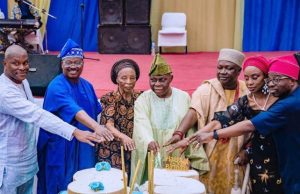 Ajimobi, Others Celebrate Lekan Are As He Clocks 85 L-R: Mr Adedamola Are, Governor of Oyo State, Senator Abiola Ajimobi; wife of the host, Chief Bisi Are; host, Dr Lekan Are; Orangun of Oke Ila, Oba Adedokun Abolarin; daughter of the host, Mrs Olufunke Igun; and Mr Adenola Igun, during the 85th birthday of Are and public presentation of a book, ‘The Right Way’ at Kakanfo Inn and Conference Centre, in Ibadan...