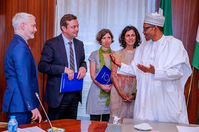President Muhammadu Buhari, right, with members of the European Union Observer Mission (EOM)