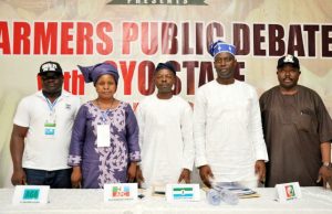 Photo: When Farmers Organised A Debate For Some Oyo Gubernatorial Candidates L-R: Mr David Olufemi Ogunlola of All Grassroot Alliance, Mrs Omobosola Golohor of Democratic Peoples Party, Mr Olatunji Sadiq of Labour Party, Engr Seyi Makinde of Peoples Democratic Party and Mr Sarafadeen Alli of Zenith Labour Party at the debate held at the Civic Center, Ibadan…