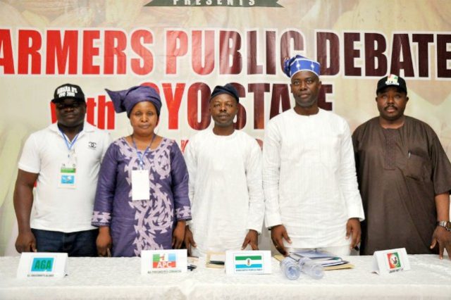L-R: Mr David Olufemi Ogunlola of All Grassroot Alliance, Mrs Omobosola Golohor of Democratic Peoples Party, Mr Olatunji Sadiq of Labour Party, Engr Seyi Makinde of Peoples Democratic Party and Mr Sarafadeen Alli of Zenith Labour Party at the debate held at the Civic Center, Ibadan…