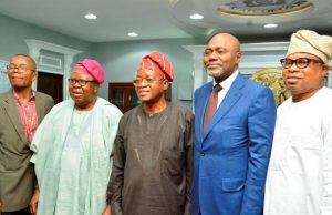 Photo: When Uni-Osun Topshots Visited Gov Oyetola Governor of Osun State, Mr. Gboyega Oyetola (middle), Chairman of the Council and Pro-Chancellor, Osun State University, Mallam Yusuf Ali (2nd right), a member of the Council UNIOSUN, Engr. Tunde Ponle (2nd left), Vice Chancellor UNIOSUN, Prof. Labo Popoola (left) and Supervisor Ministry of Finance, Commerce and industry, Hon. Bola Oyebamiji, during the visit…