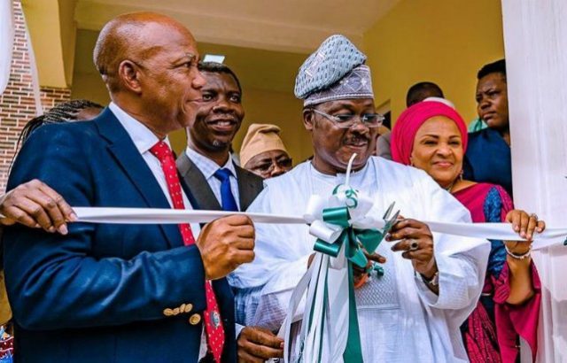 L-R: Chief Medical Director, University College Hospital, Ibadan, Prof. Temitope Alonge; Oyo State Governor, Senator Abiola Ajimobi; and his wife, Florence, during the inauguration of the Senator Abiola Ajimobi Child Welfare Centre, donated by the governor to promote the wellbeing of children, at the UCH, Ibadan...