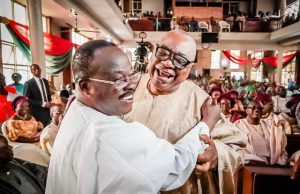 Ajimobi, Akala Meet, Embrace At The Burial Of Ex-Milad Popoola’s Mother Ex Governor Adebayo Alao Akala, left, with Governor Abiola Ajimobi...