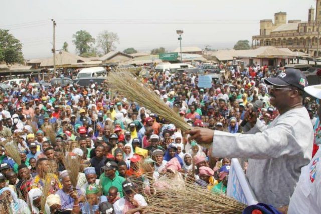 Oyo State Governor, Senator Abiola Ajimobi, addressing All Progressives Congress supporters during a campaign rally in Igboho, Oorelope Local Government Area of Oke Ogun zone of the state...on Friday