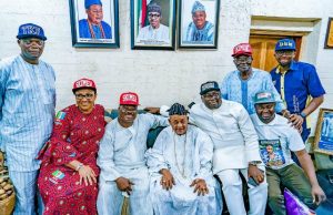 Ajimobi In Oyo Town, Tells Electorate To Shun PDP After 16 Years Of Locust L-R: Oyo Central Senatorial District candidate of the All Progressives Congress, Senator Teslim Folarin; wife of Oyo State Governor, Mrs Florence Ajimobi; Oyo South Senatorial District candidate of the APC, Governor Abiola Ajimobi; Alaafin of Oyo, Oba Lamidi Adeyemi; state gubernatorial candidate of the party, Chief Adebayo Adelabu; Afijio/Oyo East/Oyo West/Atiba Federal Constituency candidate, Hon. Akeem Adeyemi; state Chairman of APC, Chief Akin Oke (standing 2nd right); Afijio state constituency candidate, Mr Seyi Adisa (standing right); when the party's campaign train visited the monarch in his palace in Oyo town...on Monday...
