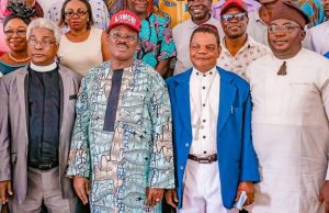 Oyo CAN To Ajimobi, Adelabu: We Are Praying For You To Succeed At The Polls L-R: Chairman, Christian Association of Nigeria, Oyo State chapter, Pastor Benjamin Akanmu; Oyo South Senatorial District candidate of the All Progressives Congress, Governor Abiola Ajimobi; CAN Second Vice-Chairman, Bishop Emmanuel Ogundeji; and state gubernatorial candidate of the APC, Chief Adebayo Adelabu, when the APC leaders visited the association's secretariat, in Ibadan,... on Wednesday