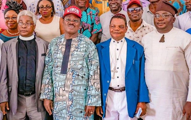 L-R: Chairman, Christian Association of Nigeria, Oyo State chapter, Pastor Benjamin Akanmu; Oyo South Senatorial District candidate of the All Progressives Congress, Governor Abiola Ajimobi; CAN Second Vice-Chairman, Bishop Emmanuel Ogundeji; and state gubernatorial candidate of the APC, Chief Adebayo Adelabu, when the APC leaders visited the association's secretariat, in Ibadan,... on Wednesday