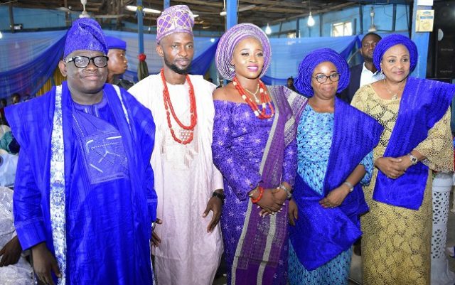 R-L: Oyo State First Lady, Chief (Mrs) Florence Ajimobi, Bride’s mother, Dr (Mrs) Ronke Ojo, Bride, Mrs Temitope Adewunmi Tifase, the Groom, Mr Taiwo Oladayo Tifase and bride’s father, Dr Gbade Ojo at the engagement...