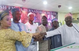 Photo: Oyo’s Leading Gubernatorial Candidates Hold Debate At Fresh FM Radio ...the candidates...after the debate...L-R: Mrs Sarumi of National Interest Party, Seyi Makinde of PDP, Akeem Alao of AD, Adebayo Adelabu of APC, Olufemi Lanlehin of ADC and Sharafadeen Alli of ZLP...