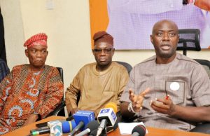 How We Plan To Reclaim Our Stolen Mandate In Oyo Central, Others- Seyi Makinde PDP’s gubernatorial candidate, Engr Seyi Makinde (right) addressing the media while Oyo south senatorial district Senator-elect, Dr Kola Balogun and Director General Seyi Makinde campaign, Chief Bayo Lawal, left…look on…