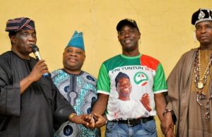 Photo: When Sen Adeleke Joined Oyo PDP’s Seyi Makinde At Egbeda Rally L-R: Former Minister for Power and Steel, Elder Wole Oyelese, Senator Ademola Adeleke, Engr Seyi Makinde and President of Baale's in Egbeda local government, Alhaji Rasheed Adabaale during the PDP campaign in Egbeda local government area of Oyo State