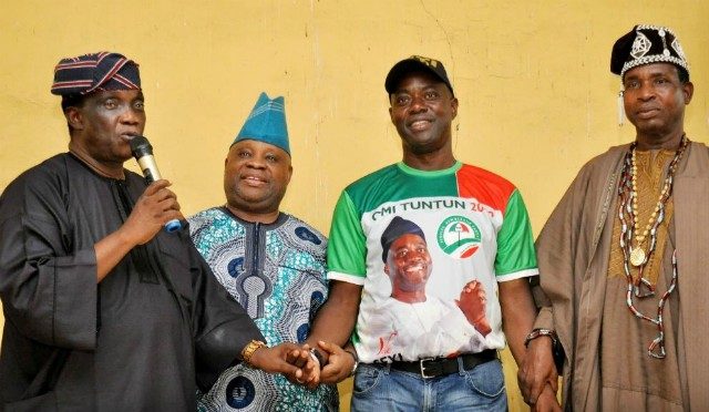 L-R: Former Minister for Power and Steel, Elder Wole Oyelese, Senator Ademola Adeleke, Engr Seyi Makinde and President of Baale's in Egbeda local government, Alhaji Rasheed Adabaale during the PDP campaign in Egbeda local government area of Oyo State
