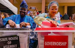 Ajimobi Speaks About Expectations From Successor L-R: Oyo State Governor, Senator Abiola Ajimobi; and his wife, Florence, casting their votes at Ward 11, Unit 20, Oluyole Community Grammar School, Oluyole, Ibadan... on Saturday