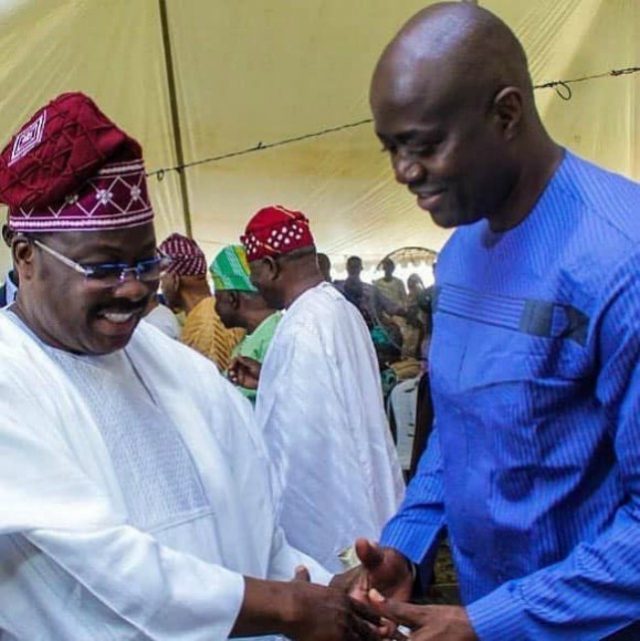 Governor Abiola Ajimobi, left, with Governor-Elect Seyi Makinde...