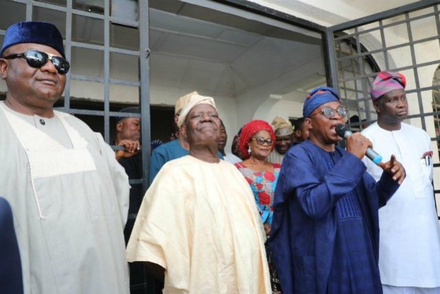 From left, All Progressives Congress (APC) State Party Chairman, Prince Gboyega Famodun, Former National Chairman of APC, Chief Adebisi Akande, Governor of Osun, Mr Gboyega Oyetola, and his deputy, Mr Gboyega Alabi, during the event organised by Chief Adebisi Akande, at his country home in Ila Orangun…