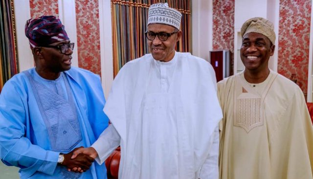 President Muhammadu Buhari, middle, with Governor Elect of Lagos State Babajide Sanwoolu, left, and Deputy Governor Elect of Lagos State Femi Hamzat…