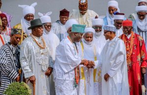 Buhari To Royal Fathers: Let’s Fight Insurgency Together ...President Muhammadu Buhari in a warm handshake with the Ooni of Ife, Oba Adeyeye Ogunwusi...while other monarchs look on...