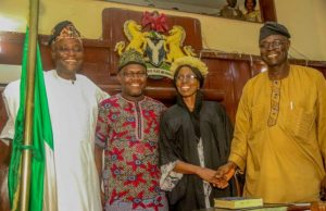 Day First First Female Clerk For Oyo House Of Assembly Was Inaugurated R-L: Speaker, Hon. Olagunju Ojo, Clerk, Felicia Oyediran, Deputy Speaker, Hon. Musah Abdulwasi and Majority Leader, Hon. Kehinde Subair shortly after the swearing-in…