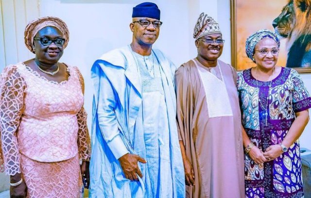 L-R: Ogun State Deputy Governor-elect, Mrs Noimot Salako-Oyedele; Governor-elect, Prince Dapo Abiodun; Oyo State Governor, Senator Abiola Ajimobi; and his wife, Florence, during Abiodun's courtesy visit to the governor, at his private residence, Oluyole, Ibadan... on Saturday…