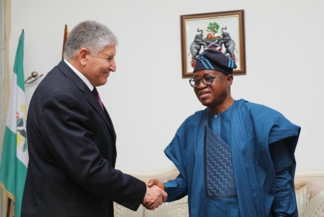 Governor, State of Osun, Mr Gboyega Oyetola, exchanging greetings with Ambassador of Isreal to Nigeria, Ambassador Shimon Ben-Shoshan, during the visit…