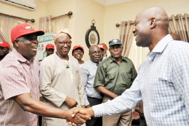 Oyo governor elect, Engr Seyi Makinde (right) with Com Waheed Olojede (left), TUC State chairman, Com Emmanuel Ogundiran and others during the visit..
