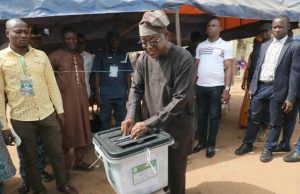Photo: When Osun’s Gov Oyetola Voted In Iragbiji Governor of Osun State, Mr Gboyega Oyetola...casting his vote...