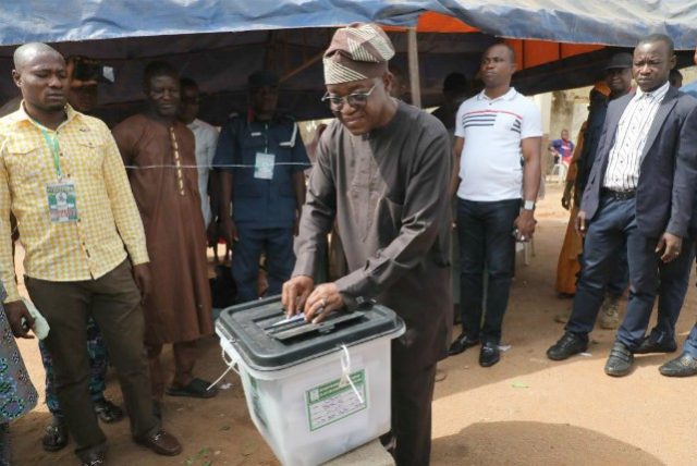 Governor of Osun State, Mr Gboyega Oyetola...casting his vote...