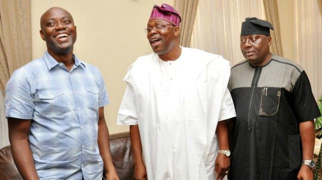 From left, Oyo State’s governor-elect, Engr Seyi Makinde, PDP Southwest chairman, Dr Eddy Olafeso and the south west zonal secretary, Rev Bunmi Jenyo sharing a joke during the visit…
